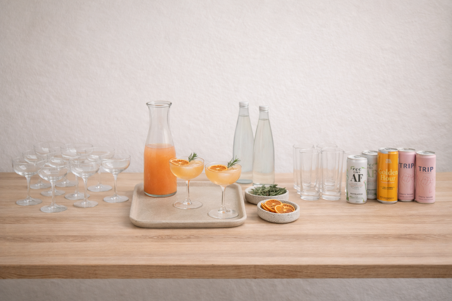 Non-alcoholic drink setup with garnishes