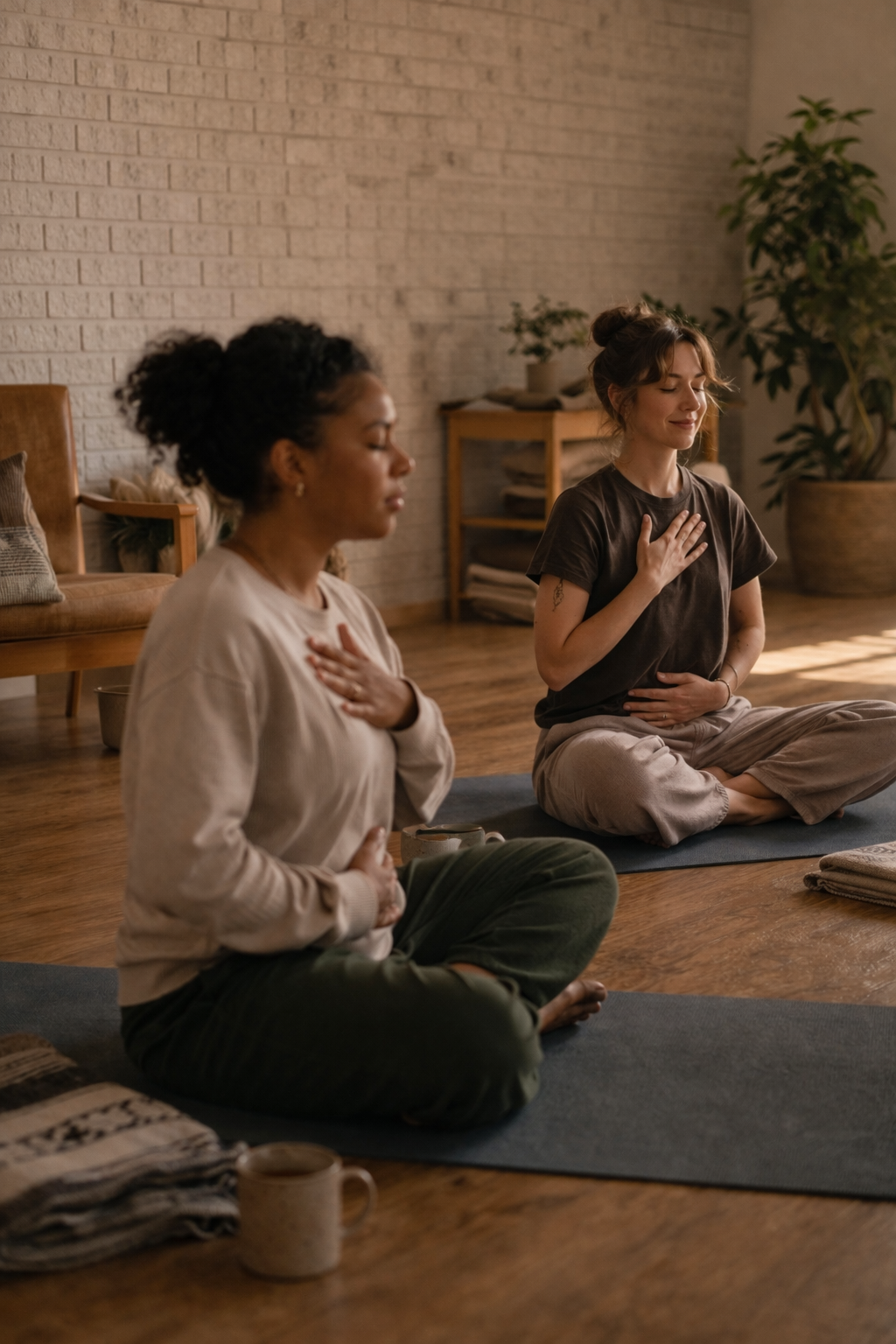 A calm, guided breathwork moment in a quiet space, focused on slowing down and resetting