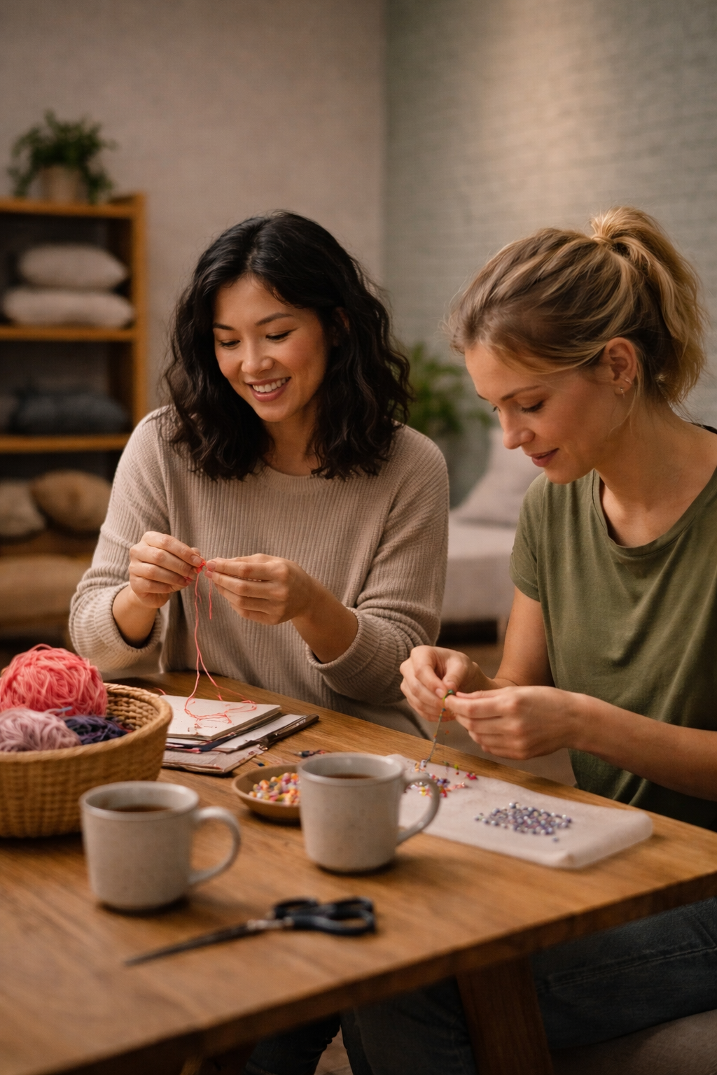 Two people sitting side by side working on a simple craft, comfortably spending time together without pressure to engage