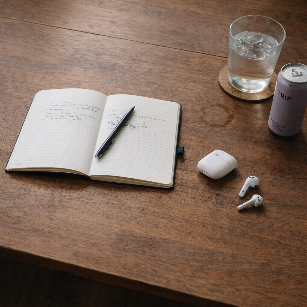 Notebook and drink on table